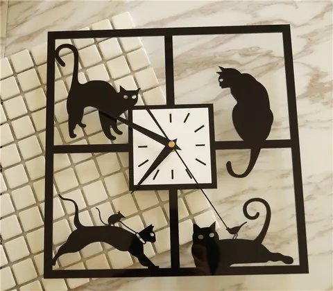 Moderne Minimalistische Quadratische Acryl Wanduhr Kreative Katzen Silhouette Dekorative Hängeuhr Für Wohnzimmer Schlafzimmer Büro Haus Dekor
