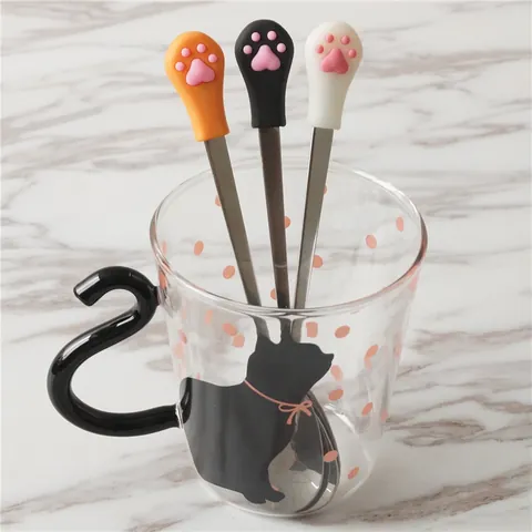 Schattige Kattenpoot Roestvrijstalen Roerlepel Creatief 3D Siliconen Handvat Koffielepel Fruitvork Voor Dessert Dagelijks Keukengerei