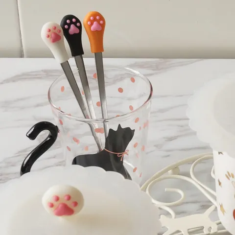 Schattige Kattenpoot Roestvrijstalen Roerlepel Creatief 3D Siliconen Handvat Koffielepel Fruitvork Voor Dessert Dagelijks Keukengerei