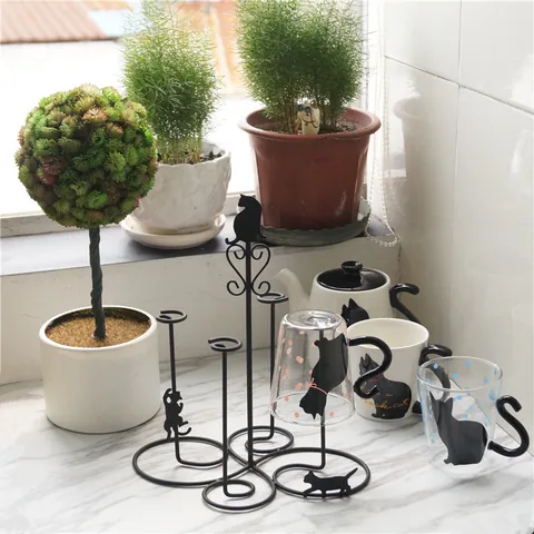 Japanese Style Cute Cat Iron Cup Holder Creative Desktop Mug Storage Rack For Kitchen Drainage Black Metal Organizer