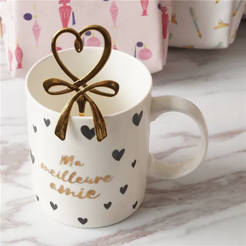 Mug en Céramique Cœur Élégant Style Français Avec Lettre en Or Motif Ma Amie Tasse à Café Thé Cadeau pour Maison Bureau