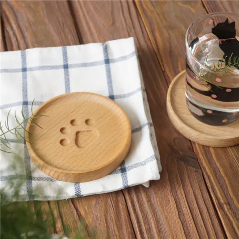 Sottobicchiere a Forma di Zampa di Gatto in Legno di Faggio Naturale Stile Giapponese Tappetino Rotondo Isolato Termicamente
