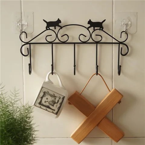Zakka Japanese Style Vintage Iron Cat Silhouette Wall Mounted Hook Hanger For Clothes Keys Hats Towel Home Decoration