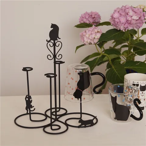 Japanese Style Cute Cat Iron Cup Holder Creative Desktop Mug Storage Rack For Kitchen Drainage Black Metal Organizer