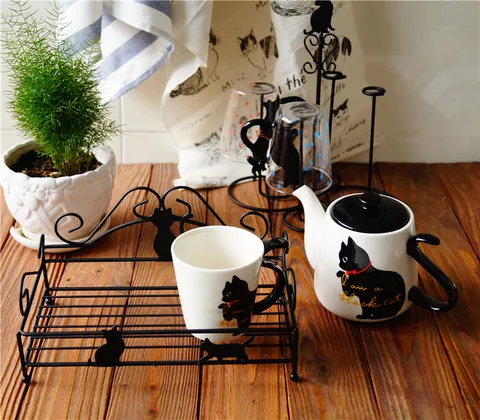 Vintage Cute Cat Iron Art Desktop Storage Rack Japanese Style Spice Organizer Shelf Black Metal Stand For Home Kitchen