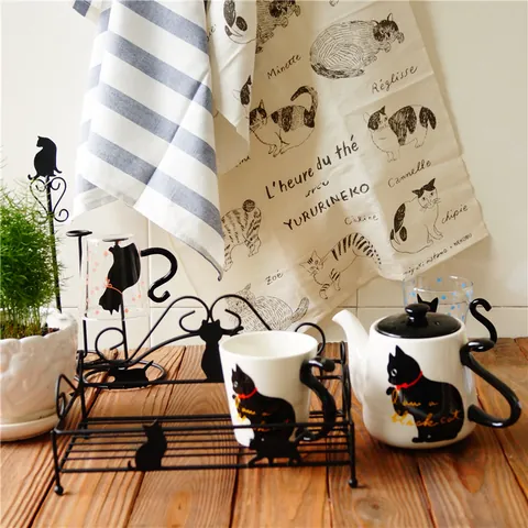 Vintage Cute Cat Iron Art Desktop Storage Rack Japanese Style Spice Organizer Shelf Black Metal Stand For Home Kitchen