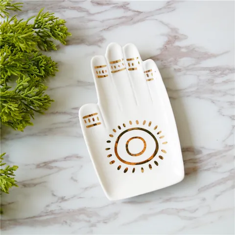 Ceramic Hand Shaped Jewelry Dish White Gold Sun Pattern Decorative Storage Tray For Rings Earrings Necklace Home Decor