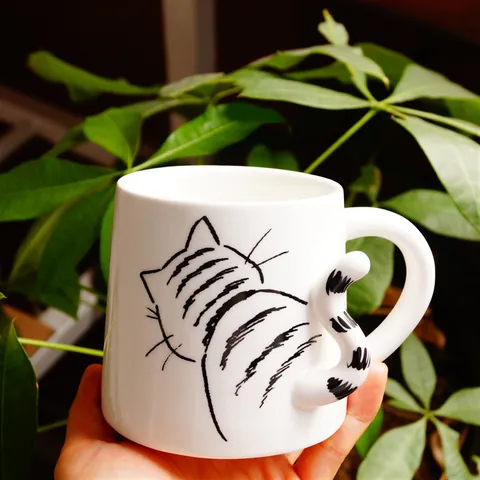 Japanese Creative Ceramic Mug With 3D Animal Tail Handle Minimalist Hand Drawn Cat Shiba Inu Rabbit Pattern Coffee Water Cup Home Office Gift
