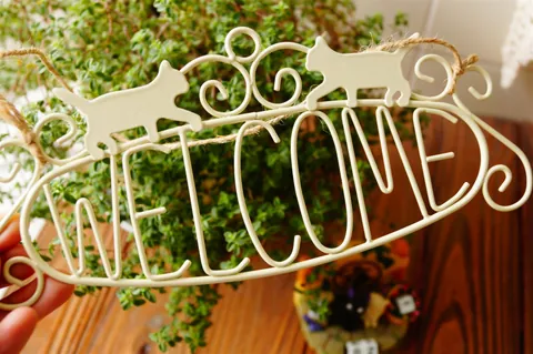 Retro Metal Cat Welcome Sign Iron Hollow Out Hanging Door Plate For Home Garden Cafe Wall Decor With Hemp Rope