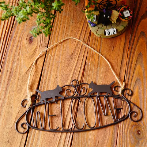 Retro Metal Cat Welcome Sign Iron Hollow Out Hanging Door Plate For Home Garden Cafe Wall Decor With Hemp Rope