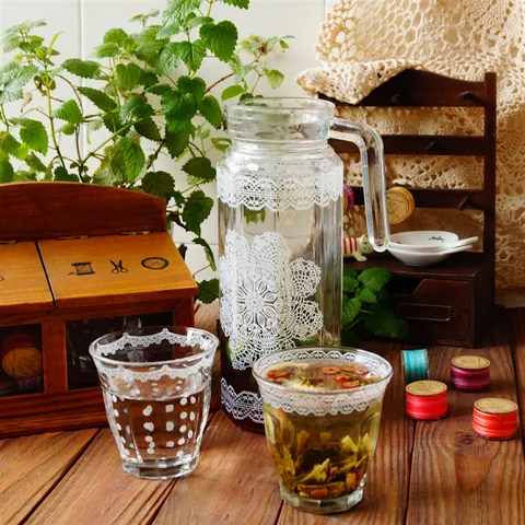 Retro Style Lace Pattern Glass Water Jug And Cups Heat Resistant Pitcher For Juice Cold Tea Home Kitchen Glassware