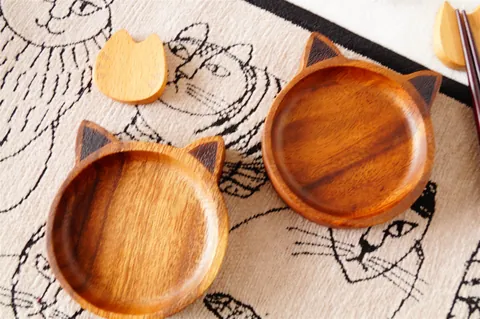 Coupelle à Sauce en Bois en Forme de Tête de Chat Style Japonais Petit Plateau à Sauce en Bois Écologique pour Cuisine