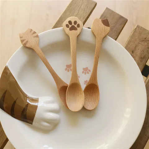 Cucchiaio in Legno di Faggio Naturale a Forma di Gatto Simpatico Cartone Animato Zampa di Gatto Cucchiaino per Caffè Dolce Tè