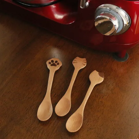 Cucchiaio in Legno di Faggio Naturale a Forma di Gatto Simpatico Cartone Animato Zampa di Gatto Cucchiaino per Caffè Dolce Tè