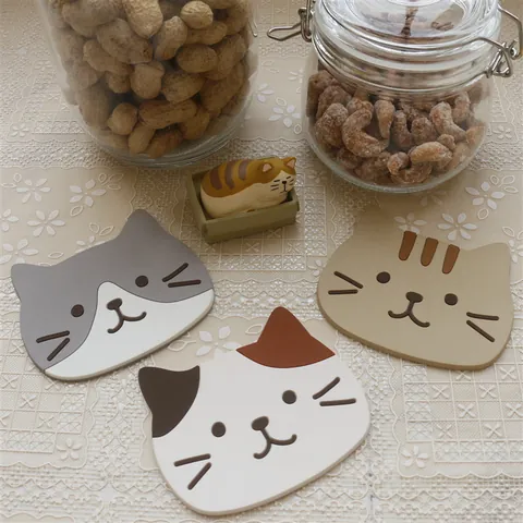 Japanese Cartoon Cat Head PVC Silicone Coaster Non Slip Heat Resistant Table Mat For Cup Mug Bowl Home Decor Kitchen Accessory
