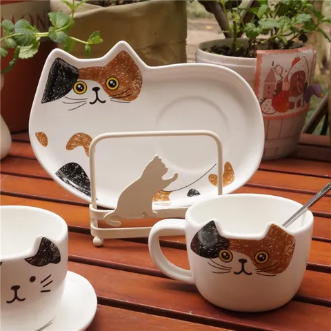 Cute Cartoon Cat Ceramic Coffee Cup Saucer And Spoon Animal Ear Shape Porcelain Drinking Vessel For Afternoon Tea Home