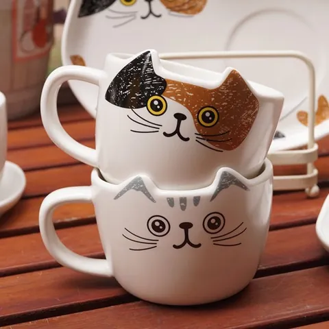 Cute Cartoon Cat Ceramic Coffee Cup Saucer And Spoon Animal Ear Shape Porcelain Drinking Vessel For Afternoon Tea Home