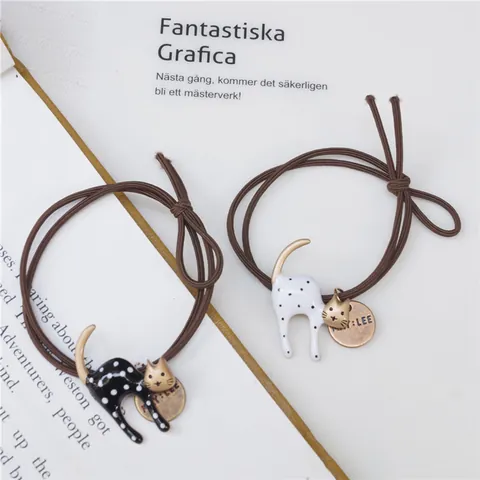 Süße Cartoon Katze Punktmuster Haargummis Elastisches Gummiband Emaille Legierung Kätzchen Haarschmuck Für Damen Mädchen Alltag Mode