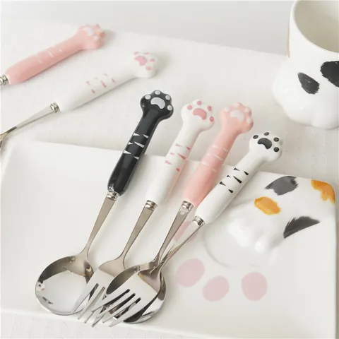 Mignon Ensemble Cuillère et Fourchette en Acier Inoxydable avec Manche en Céramique en Forme de Patte de Chat Japonais Cuillère à Dessert