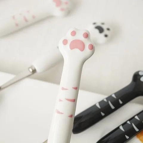 Mignon Ensemble Cuillère et Fourchette en Acier Inoxydable avec Manche en Céramique en Forme de Patte de Chat Japonais Cuillère à Dessert