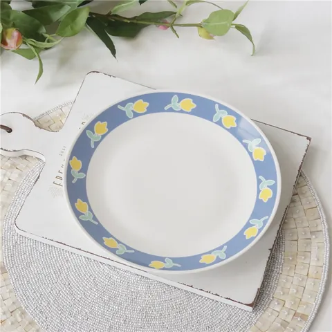 Hand Painted Tulip Flower Ceramic Round Plate Vintage Pastoral Breakfast Western Dessert Pasta Steak Plate