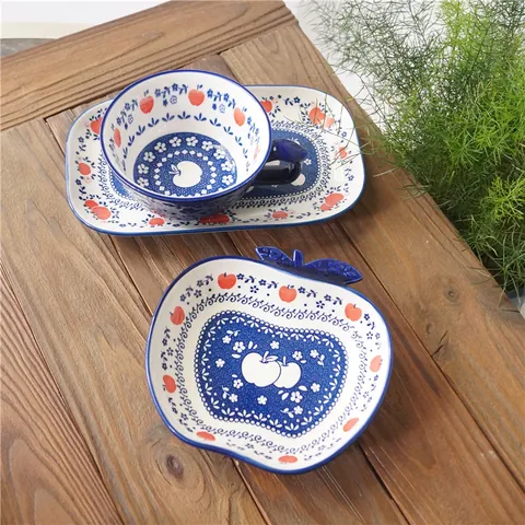 Japanisches Vintage Keramik Unterglasur Apfel Teller Obstsalat Teller Suppentasse Geprägtes Pastorales Küchengeschirr Set