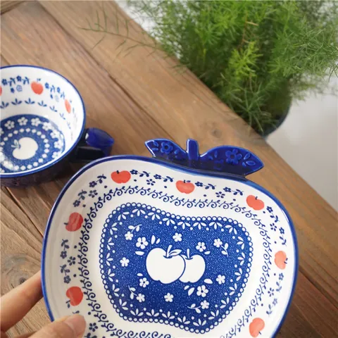 Japanisches Vintage Keramik Unterglasur Apfel Teller Obstsalat Teller Suppentasse Geprägtes Pastorales Küchengeschirr Set