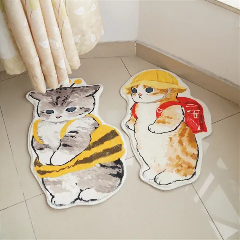 Japanese Cute Cartoon Cat Shaped Area Rug Soft Plush Non Slip Irregular Bedside Floor Mat For Kids Bedroom Bathroom Home Decor