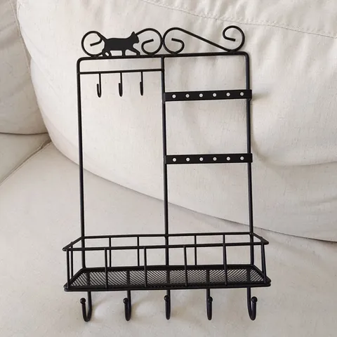 Japanese Vintage Iron Cat Wall Mounted Jewelry Organizer With Hooks And Basket Black Metal Storage Rack For Bathroom Bedroom