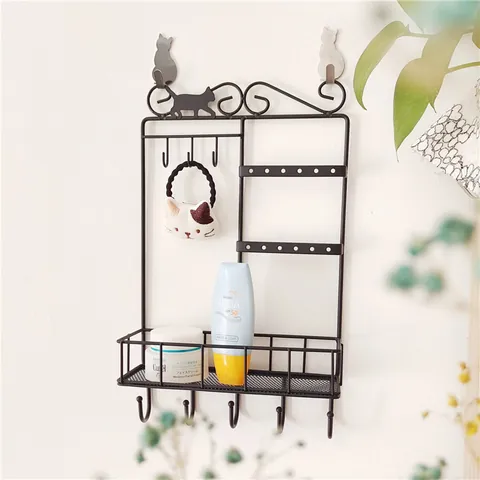 Japanese Vintage Iron Cat Wall Mounted Jewelry Organizer With Hooks And Basket Black Metal Storage Rack For Bathroom Bedroom
