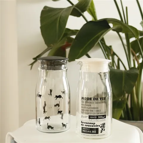 Transparent Glass Cold Water Pitcher With Lid Nordic Style Patterned Print Decorative Water Jug For Juice Milk Beverage