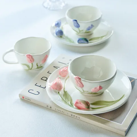 3D Tulip Relief Embossed Ceramic Tableware Set Hand Painted Coffee Mug Dessert Plate Breakfast Bowl Porcelain Dinnerware For Home Kitchen Decor