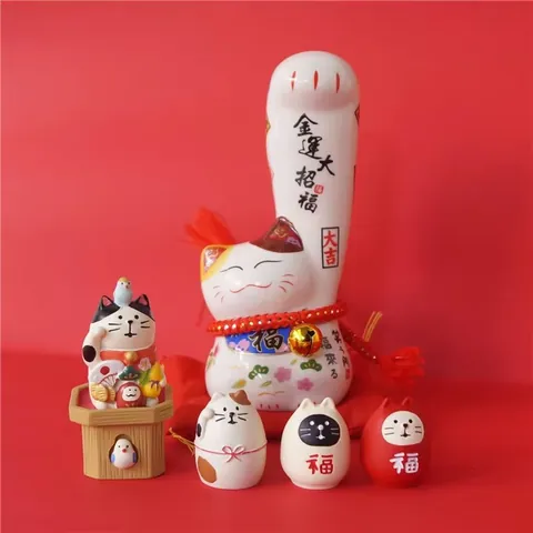 Hucha de Gato de la Suerte de Cerámica de Estilo Japonés Maneki Neko Brazo Grande Hucha de Fortuna y Riqueza Adorno de Escritorio para Hogar