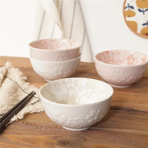 Japanese Style Sakura Embossed Ceramic Rice Bowl Underglaze Floral Soup Bowl Pink White Square Plate Tableware For Home Kitchen