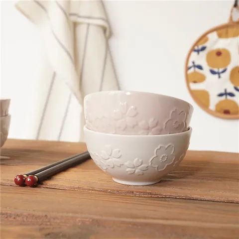 Japanese Style Sakura Embossed Ceramic Rice Bowl Underglaze Floral Soup Bowl Pink White Square Plate Tableware For Home Kitchen