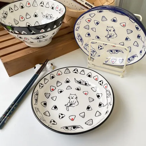 Japanischer Stil Keramik Tiefer Teller Süße Katze Onigiri Unterglasur Porzellan Rund Essteller Mikrowelle Spülmaschinenfest Geschirr