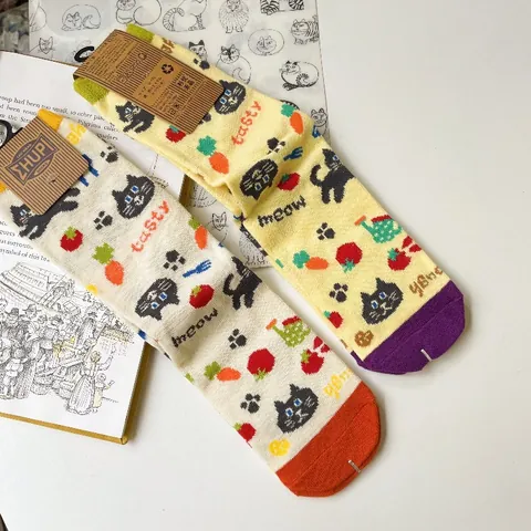 Japanse Stijl Schattige Graffiti Zwarte Kat Halfhoge Sokken Vrouwen Cartoon Kat Katoenmix Jacquard Crew Sokken Dagelijks