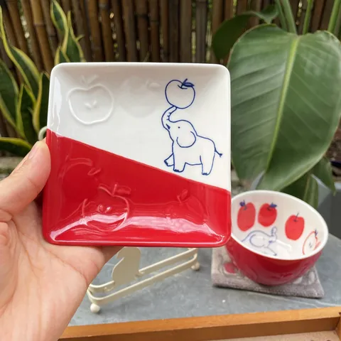 Japanese Retro Elephant Apple Ceramic Bowl Sauce Dish Underglaze Cartoon Tableware Microwave Safe Kitchen Serving Ware