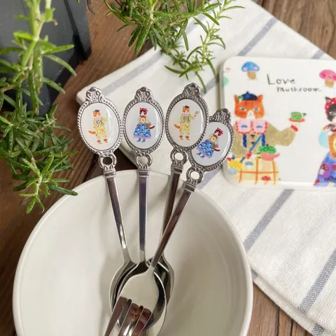 Cucchiaio da Caffè in Acciaio Inossidabile con Illustrazione di Gatto Vintage Forchetta da Dessert Manico in Ceramica