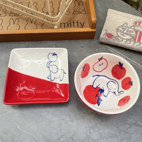 Japanese Retro Elephant Apple Ceramic Bowl Sauce Dish Underglaze Cartoon Tableware Microwave Safe Kitchen Serving Ware