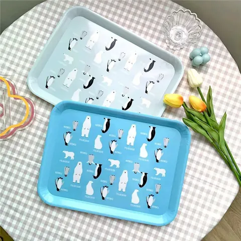 Bandeja de Servicio de PP con Lindo Patrón de Dibujos Animados de Pingüinos Pájaros Alfabeto Estilo Nórdico Rectangular de Plástico para Snacks Caramelos Frutas Organizador de Cocina para el Hogar
