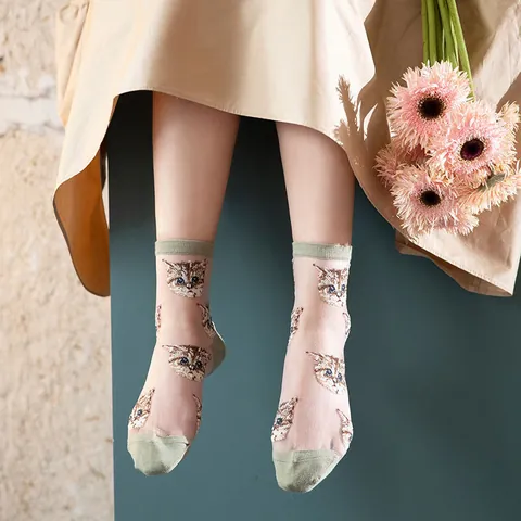 Süße Katzenmuster Transparente Netzsocken Für Damen Ultradünne Jacquard Wadenhohe Crew Socken Modische Atmungsaktive Strumpfwaren
