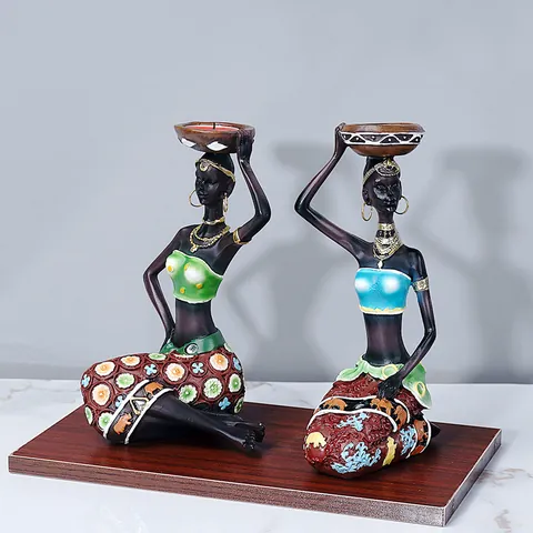 African Women Figurines Candlestick Holders Resin Hand Painted Exotic Ethnic Lady Statues For Home Living Room Table Decor Ornaments