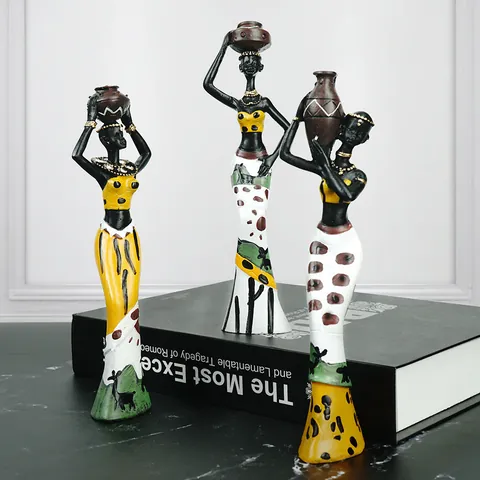 Figurines de Femmes Tribales Africaines Vintage en Résine Peintes à la Main Statues Décoration Maison Sculpture pour Salon Bureau Bureau Ornement d'Art Ethnique