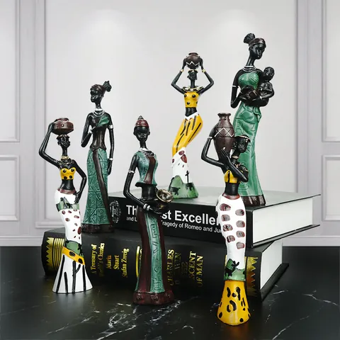 Figurines de Femmes Tribales Africaines Vintage en Résine Peintes à la Main Statues Décoration Maison Sculpture pour Salon Bureau Bureau Ornement d'Art Ethnique