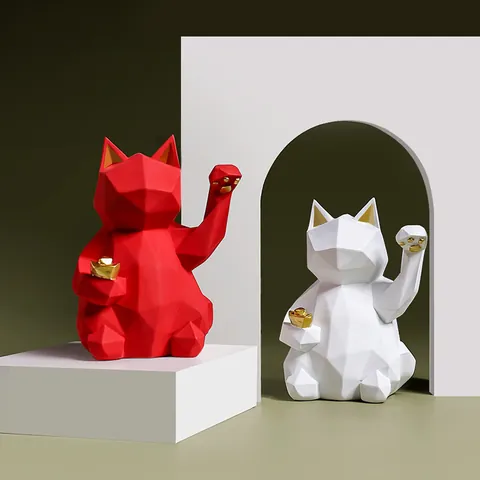 Modern Geometric Lucky Cat Maneki-Neko Figurine Resin Nordic Minimalist Desk Ornament Gold Accents Home Shop Wealth Prosperity Decor