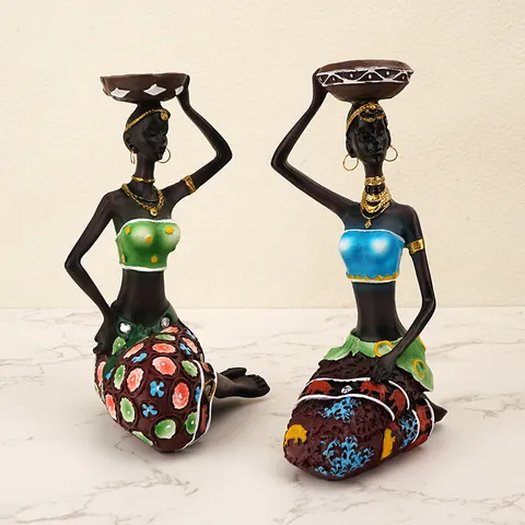 Vintage African Female Figure Resin Candle Holder Hand Painted Ethnic Woman Statue Home Desktop Decorative Candlestick Figurines