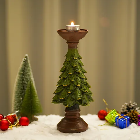 Christmas Tree Candle Holder Resin Vintage Green Gold Desktop Candle Stand For Home Restaurant Xmas Decoration Atmosphere Ornament
