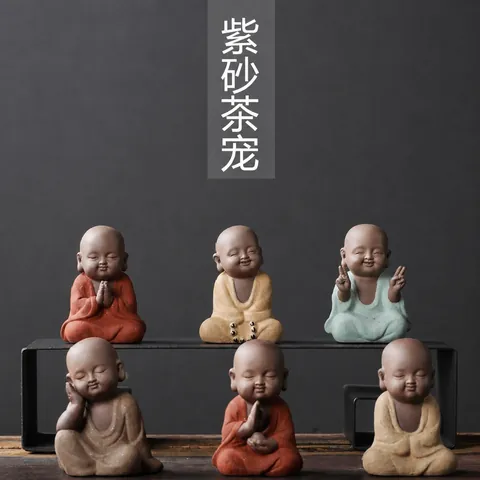 Zen Little Monk Tea Pet Zisha Ceramic Figurine Handmade Buddha Statue For Tea Tray Desk Decoration Meditation Alms Ornaments
