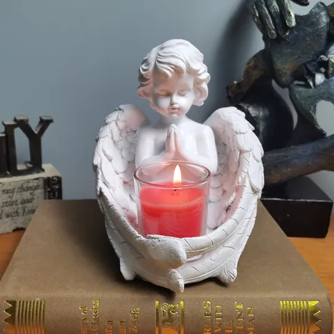 Vintage Prayer Angel Candlestick Resin Cherub Candle Holder With Glass Cup For Home Dining Table Desktop Decoration Ornament Gift